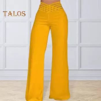 Женские длинные брюки с высокой талией, полые эластичные пояса, широкие повседневные брюки, однотонные свободные брюки L жёлтый