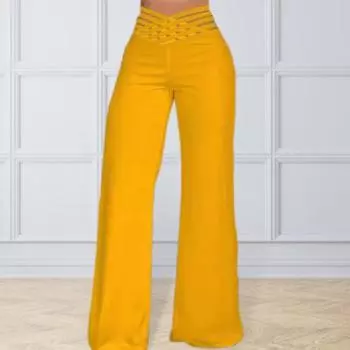 Женские длинные брюки с высокой талией, полые эластичные пояса, широкие повседневные брюки, однотонные свободные брюки S жёлтый