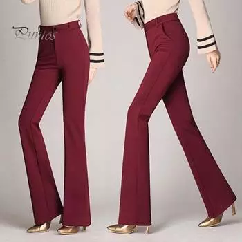 Женские длинные брюки с высокой талией, сплошной цвет, прямые расклешенные брюки, брюки на молнии с карманами, костюм, брюки, рабочая одежда L вино красного