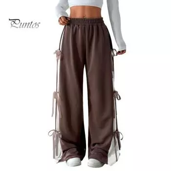 Женские длинные брюки со шнуровкой по бокам, свободные повседневные брюки с широкими штанинами и карманами, однотонные свободные спортивные брюки XL кофейный
