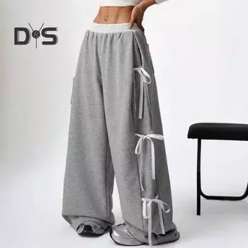 Женские длинные брюки со шнуровкой по бокам, свободные повседневные брюки с широкими штанинами и карманами, однотонные свободные спортивные брюки M серый