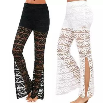 Женские длинные брюки со средней посадкой и эластичной резинкой на талии с разрезами на манжетах, широкие сетчатые кружевные повседневные брюки 2XL белый