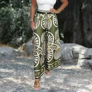 Женские длинные брюки в богемном стиле с эластичной резинкой на талии и регулируемым галстуком, повседневные атласные брюки с широкими штанинами M зелёный/жёлтый