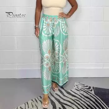 Женские длинные брюки в богемном стиле с эластичной резинкой на талии и регулируемым галстуком, широкие повседневные брюки, атласные брюки для отдыха с цветочным принтом в стиле ретро, уличная одежда M жёлтый/зелёный