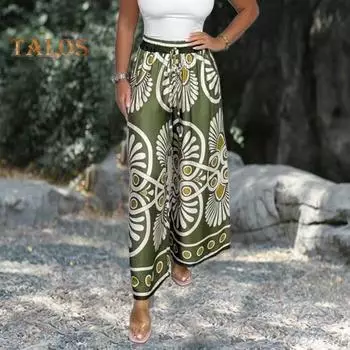 Женские длинные брюки в богемном стиле с эластичной резинкой на талии и регулируемым галстуком, широкие повседневные брюки, атласные брюки для отдыха с цветочным принтом в стиле ретро, уличная одежда M жёлтый/зелёный