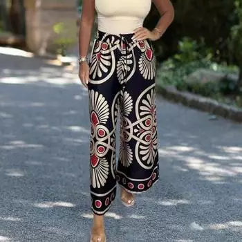 Женские длинные брюки в богемном стиле с эластичной резинкой на талии и регулируемым галстуком, широкие повседневные брюки, атласные брюки для отдыха с цветочным принтом в стиле ретро, уличная одежда 2XL темно-синий