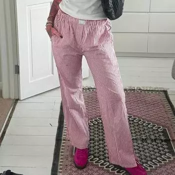 Женские длинные брюки в полоску в стиле Харадзюку, уличная одежда, спортивные брюки с высокой талией, свободные брюки в розовую, зеленую полоску M красный