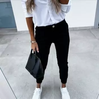 Женские длинные брюки Yousheng, однотонные брюки с застежкой-молнией и карманами, повседневные брюки в однотонном стиле для поездок на работу L чёрный