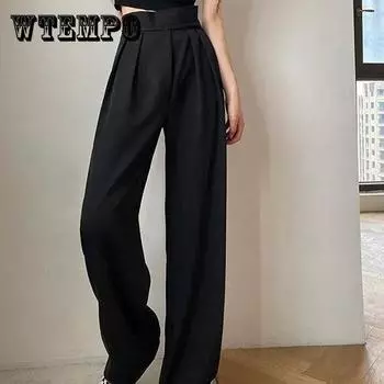 Женские длинные черные брюки большого размера с высокой талией и широкими штанинами, повседневные брюки, универсальные свободные прямые костюмные брюки 3XL чёрный