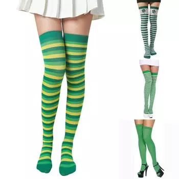Женские длинные чулки с ирландским принтом ко Дню Святого Патрика, зеленые шелковые чулки One Size