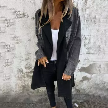 Женские длинные джинсовые куртки с цветными блоками, с длинным рукавом, с зазубренным воротником, с воротником средней длины, с застежкой на пуговицы, с карманами L чёрный