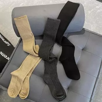 Женские длинные носки из чесаного хлопка, новые корейские модные гольфы с нитками, однотонные чулки в вертикальную полоску One Size чёрный