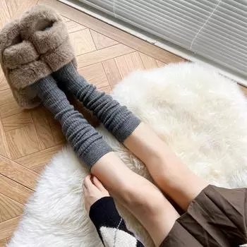 Женские длинные носки, кашемировые женские ботинки, однотонные шерстяные чулки до бедра, узкие повседневные хлопковые гольфы выше колена, пушистые женские длинные гольфы бежевый