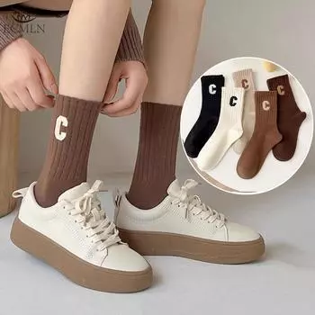 Женские длинные носки-трубы для осени и зимы, хлопковые носки-трубы с буквенным принтом и средней длиной для женщин one size чёрный