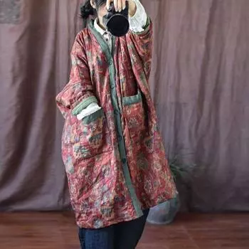 Женские длинные парки с винтажным принтом и цветочным принтом, свободные теплые пальто с v-образным вырезом и пуговицами, новинка 2021 года, зимняя льняная женская одежда, парки с карманами One Size синий