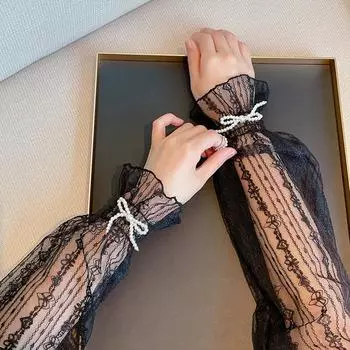 Женские длинные перчатки с выдолбленными рукавами без пальцев, солнцезащитный крем, кружевное украшение с жемчужным бантом, дышащее зелёный