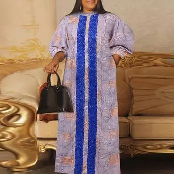 Женские длинные платья больших размеров с круглым вырезом и длинным рукавом с цветочным принтом и кружевом M оранжевый