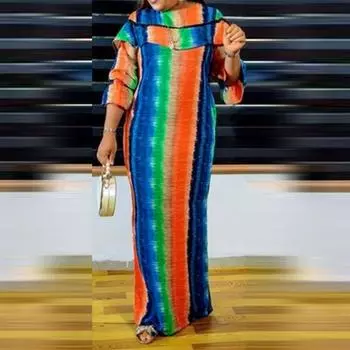 Женские длинные платья большого размера с круглым вырезом и объемными рукавами с принтом M жёлтый