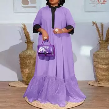 Женские длинные платья большого размера с откидной шеей и длинным рукавом, лоскутное платье в стиле пэчворк, длинные платья M ярко-розовый