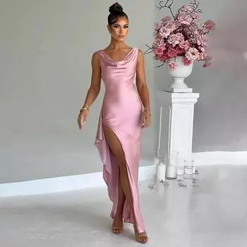 Женские длинные платья Длинные платья с открытой спиной Вечернее платье с атласным ремешком Платье с боковым разрезом S розовый