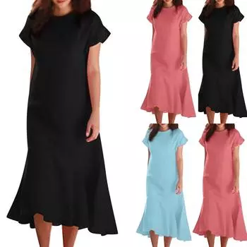 Женские длинные платья из хлопка и льна с круглым вырезом, оборками, короткими рукавами и нерегулярным краем L чёрный