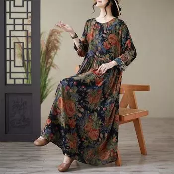 Женские длинные платья макси, художественное платье больших размеров из хлопка и льна с круглым вырезом и длинными рукавами L