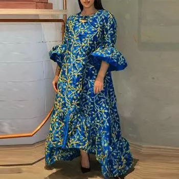 Женские длинные платья с длинными рукавами и длинными рукавами с воротником-рубашкой больших размеров и пуговицами с принтом M синий