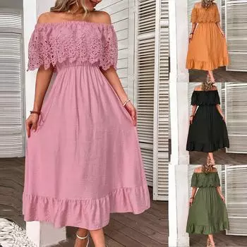 Женские длинные платья с открытыми плечами, кружевными рукавами, макси-оборками, подолом А-силуэта, летние платья для отдыха, сарафаны L армия зеленый