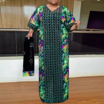 Женские длинные платья с v-образным вырезом и рукавами 3/4 больших размеров с принтом M оранжевый