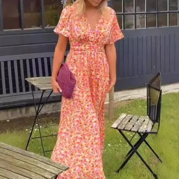 Женские длинные платья Temperament Printed с V-образным вырезом и приталенным поясом S оранжевый