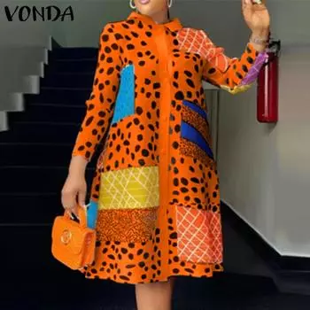 Женские длинные платья VONDA больших размеров с рубашкой и длинными рукавами и принтом M зелёный