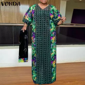 Женские длинные платья VONDA больших размеров с v-образным вырезом и рукавами 3/4 с принтом
