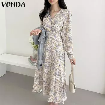 Женские длинные платья VONDA с v-образным вырезом и объемными рукавами и цветочным принтом