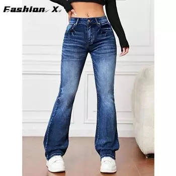 Женские длинные повседневные джинсовые брюки Женские эластичные джинсы с прямыми штанинами S чёрный