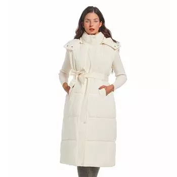 Женские длинные пуховые жилеты без рукавов с капюшоном на молнии с поясом, стеганое пальто с подкладкой, верхняя одежда L бежевый