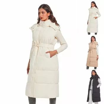 Женские длинные пуховые жилеты без рукавов с капюшоном на молнии с поясом, стеганое пальто с подкладкой, верхняя одежда L бежевый