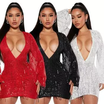 Женские длинные рукава пайетки V-образный вырез невесты подружки невесты свадебные короткие платья вечерние мини бальные платья S чёрный
