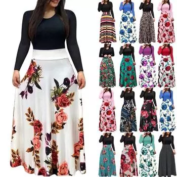 Женские длинные рукава с цветочным принтом, свободные свадебные праздничные вечерние платья макси L чёрный