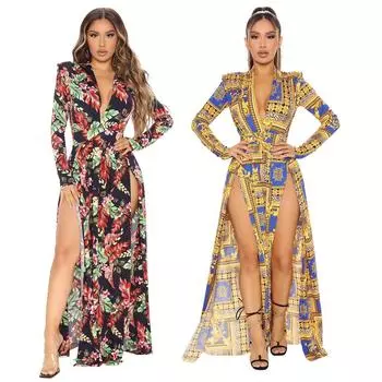 Женские длинные рукава V-образный вырез цветы листья принт разрез невесты подружки невесты свадебное длинное платье вечерние макси бальные платья S жёлтый