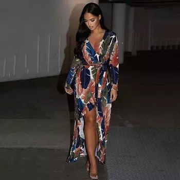 Женские длинные рукава V-образный вырез листья разрез невесты подружки невесты свадебное длинное платье вечерние макси бальные платья S