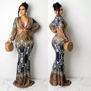 Женские длинные рукава V-образный вырез принт ажурная спинка невесты подружки невесты свадебное длинное платье вечерние макси бальные платья S синий