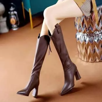 Женские длинные сапоги, элегантные, с острым носком, черные, кожаные, на высоком каблуке, женские туфли выше колена, удобные, качественные, весна-осень 34