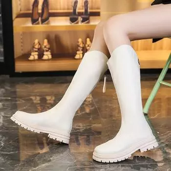 Женские длинные сапоги, элегантные женские туфли на толстой подошве, осенне-зимние сапоги до колена, коричневые челси, новые ботинки на толстом каблуке 35 бежевый