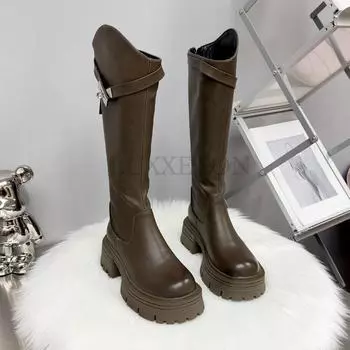 Женские длинные сапоги из натуральной кожи с толстой подошвой и круглым носком, длиной до колена, на толстом каблуке, однотонные, облегающие, рыцарские мотоциклетные сапоги 35 чёрный