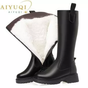 Женские длинные сапоги из натуральной кожи, женские зимние сапоги из натуральной шерсти, большие размеры, зимние теплые рыцарские сапоги для женщин 35