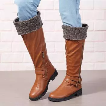 Женские длинные сапоги на осень и зиму, европейский и американский стиль, низкий каблук, высокие сапоги, женские кожаные сапоги больших размеров 43 чёрный