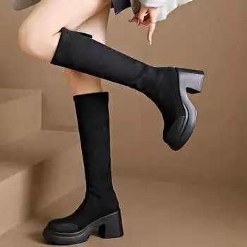 Женские длинные сапоги на платформе с эластичным круглым носком, большие размеры, теплые женские туфли до колена, водонепроницаемые, новинка весны 2024 года, качество 35