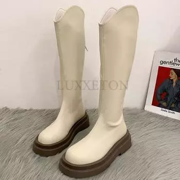 Женские длинные сапоги с круглым носком и толстой подошвой, длиной ниже колена, с толстым каблуком, плюшевые однотонные, тонкие и высокие рыцарские сапоги 35 чёрный