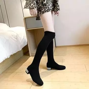 Женские длинные сапоги с квадратным носком, женские туфли до колена, на среднем каблуке, эластичные, модные, 2024, водонепроницаемые, дизайнерские, роскошные, популярные, новые 35