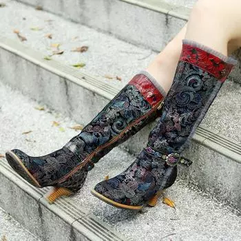 Женские длинные сапоги в стиле ретро с принтом в стиле пэчворк, сапоги до середины икры из натуральной кожи ручной работы на шнуровке 36 чёрный